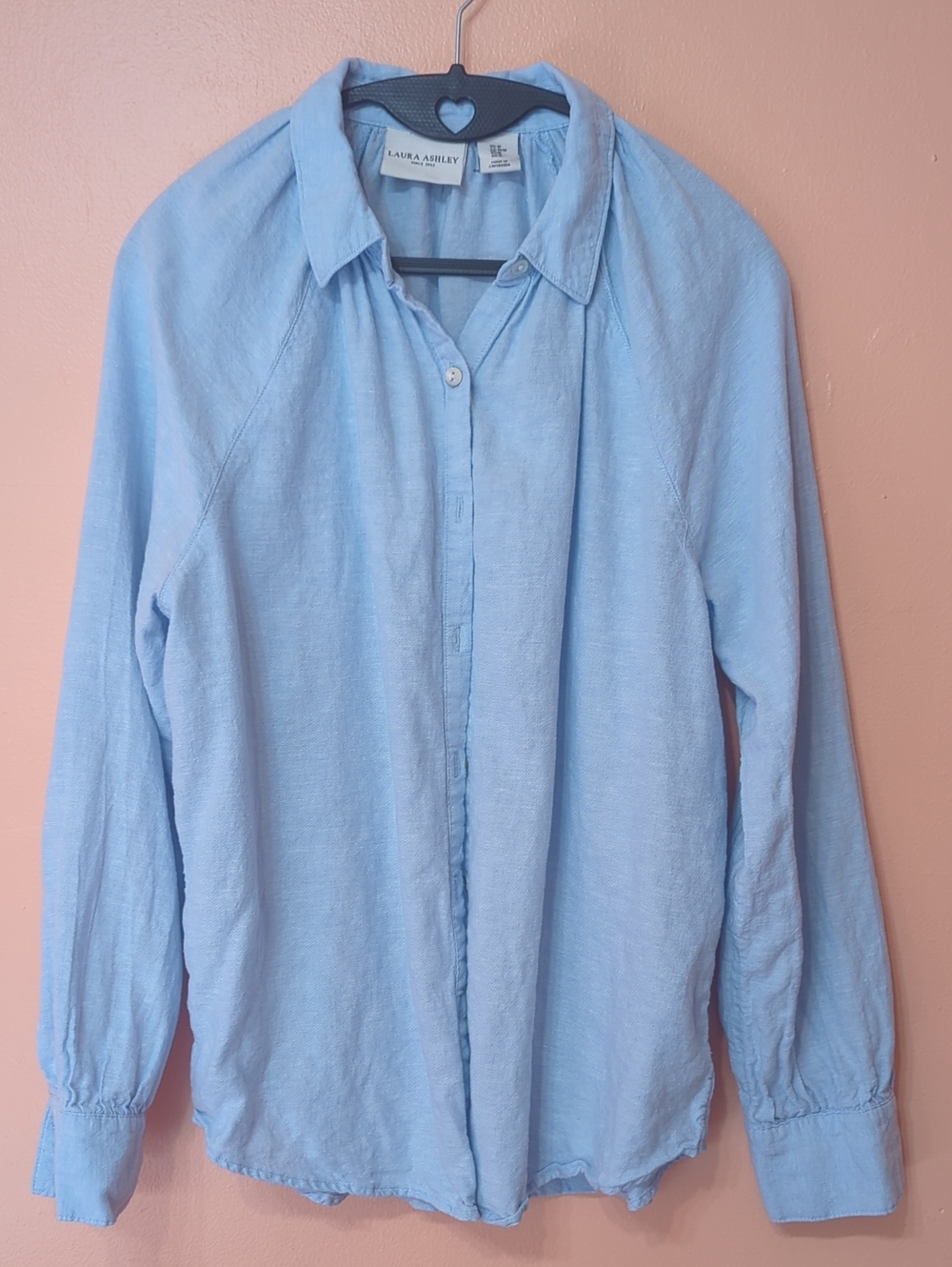 Laura Ashley Women's Blue Chambray Linen Blend Long Sleeve Button Shirt M